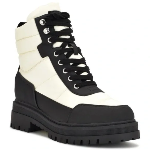 Nine West Women’s Pilar3 Lug Sole Black and White Boots - Picture 2 of 9